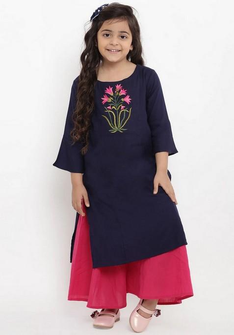 Navy Blue Floral Embroidered Kurta With Palazzo (Set of 2)