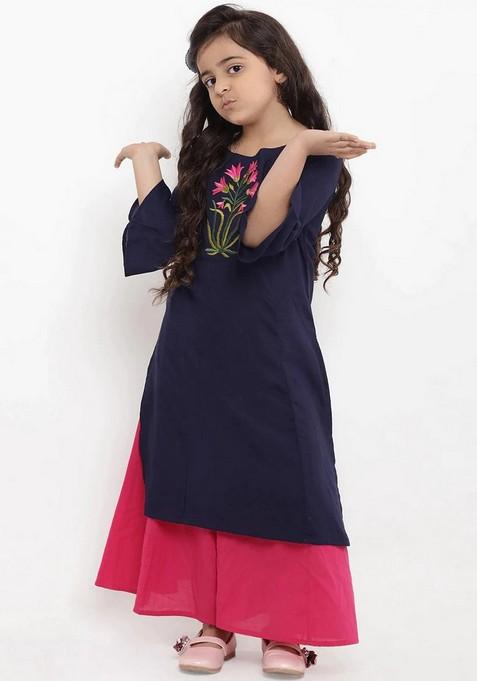 Navy Blue Floral Embroidered Kurta With Palazzo (Set of 2)