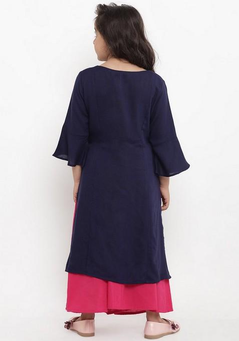 Navy Blue Floral Embroidered Kurta With Palazzo (Set of 2)