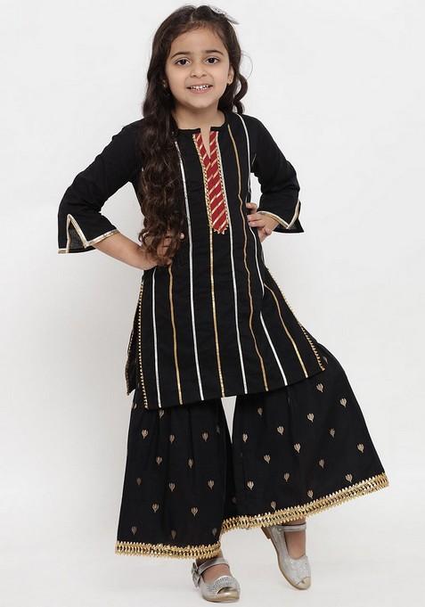 Black Striped Print Sharara With Kurta (Set of 2)