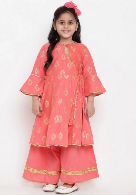 Peach Printed Kurta With Palazzo (Set of 2)