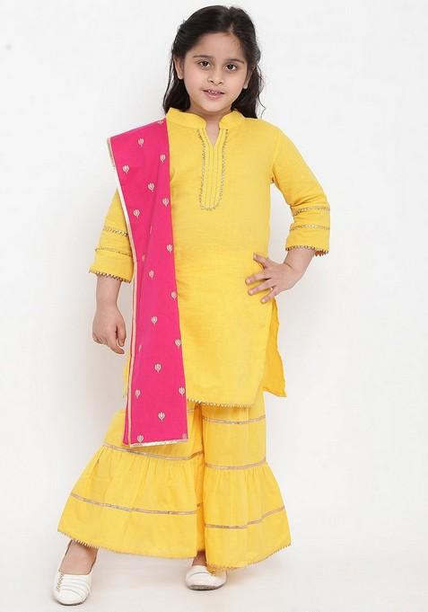 Yellow Solid Sharara With Kurta And Dupatta (Set of 3)