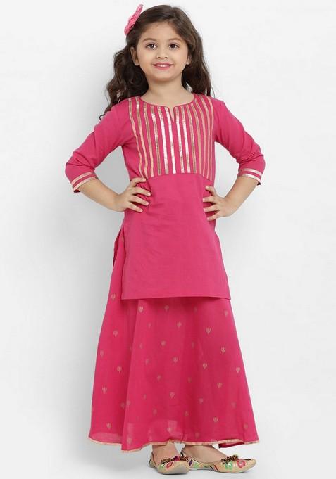 Pink And Yellow Solid Kurta With Skirt (Set of 2)