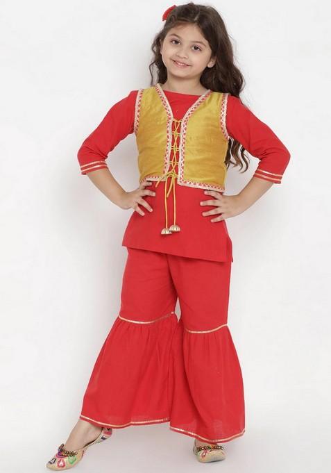 Red Solid Sharara With Kurta (Set of 2)