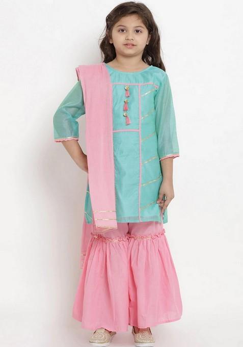 Sea Green And Pink Solid Sharara With Kurta And Dupatta (Set of 3)