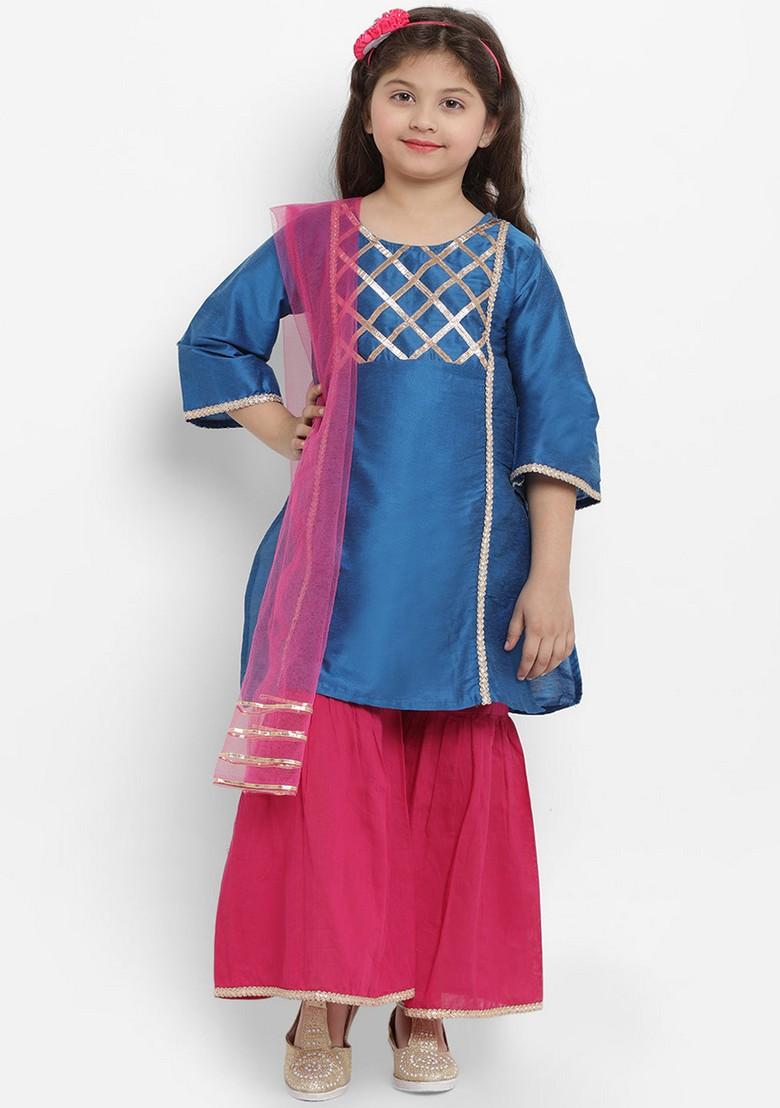 Blue Angrakha Kurta With Palazzo And Dupatta (Set of 3)