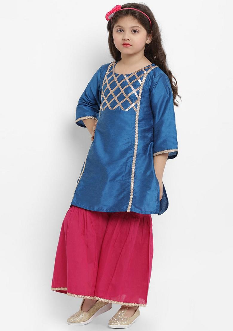 Blue Angrakha Kurta With Palazzo And Dupatta (Set of 3)