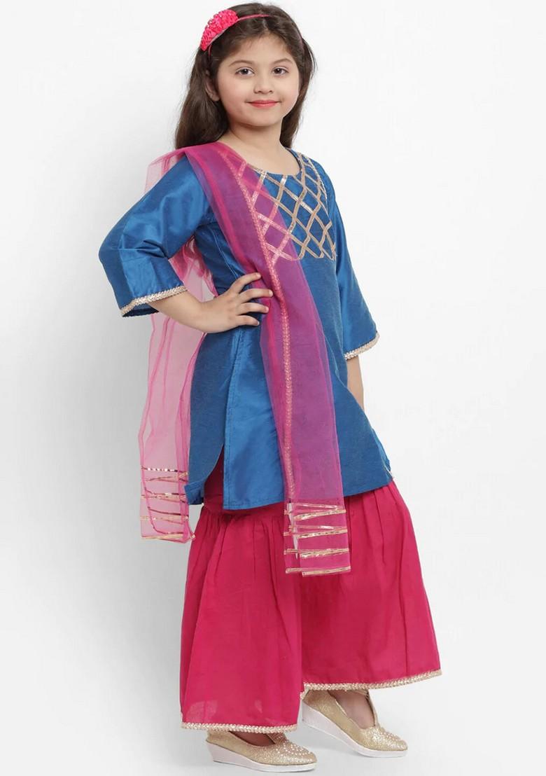 Blue Angrakha Kurta With Palazzo And Dupatta (Set of 3)