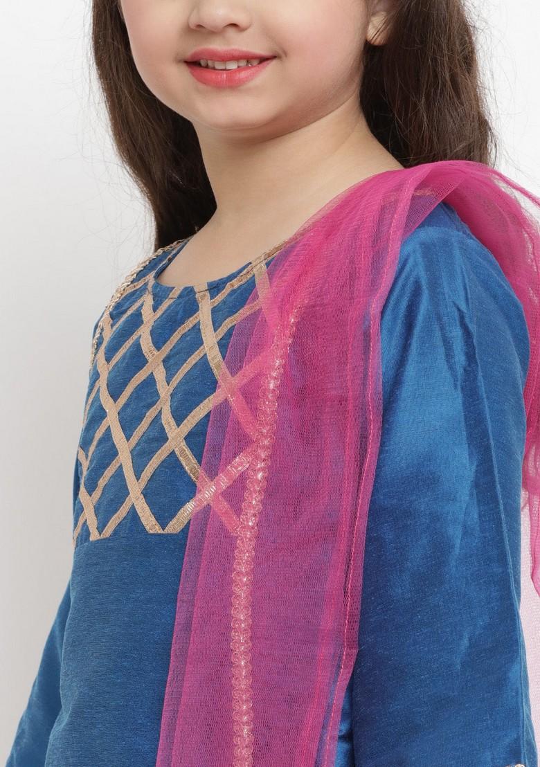 Blue Angrakha Kurta With Palazzo And Dupatta (Set of 3)
