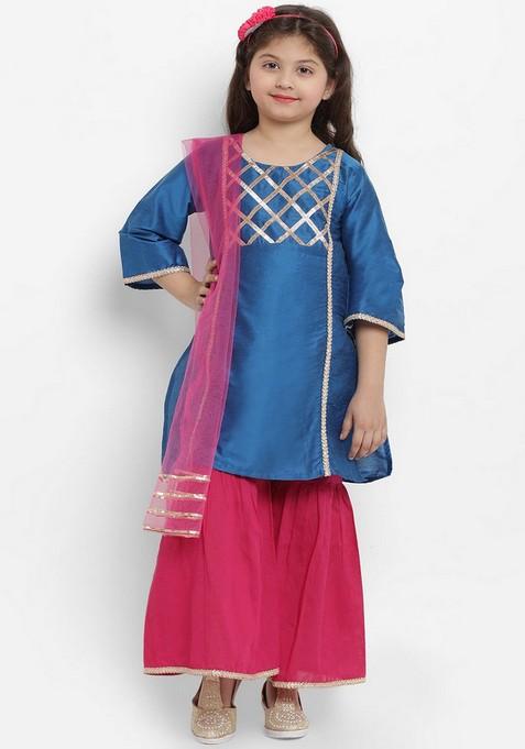 Blue Angrakha Kurta With Palazzo And Dupatta (Set of 3)