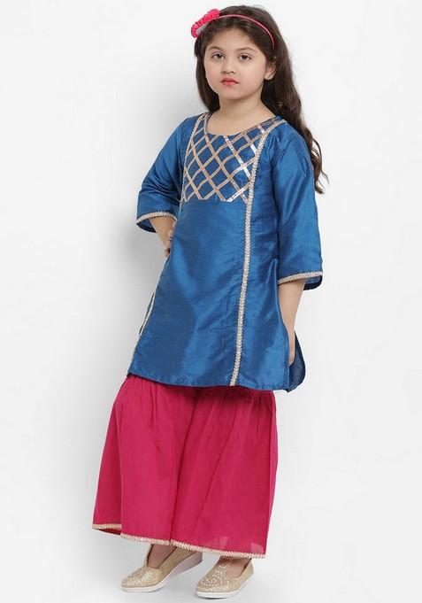 Blue Angrakha Kurta With Palazzo And Dupatta (Set of 3)