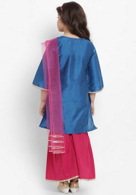 Blue Angrakha Kurta With Palazzo And Dupatta (Set of 3)