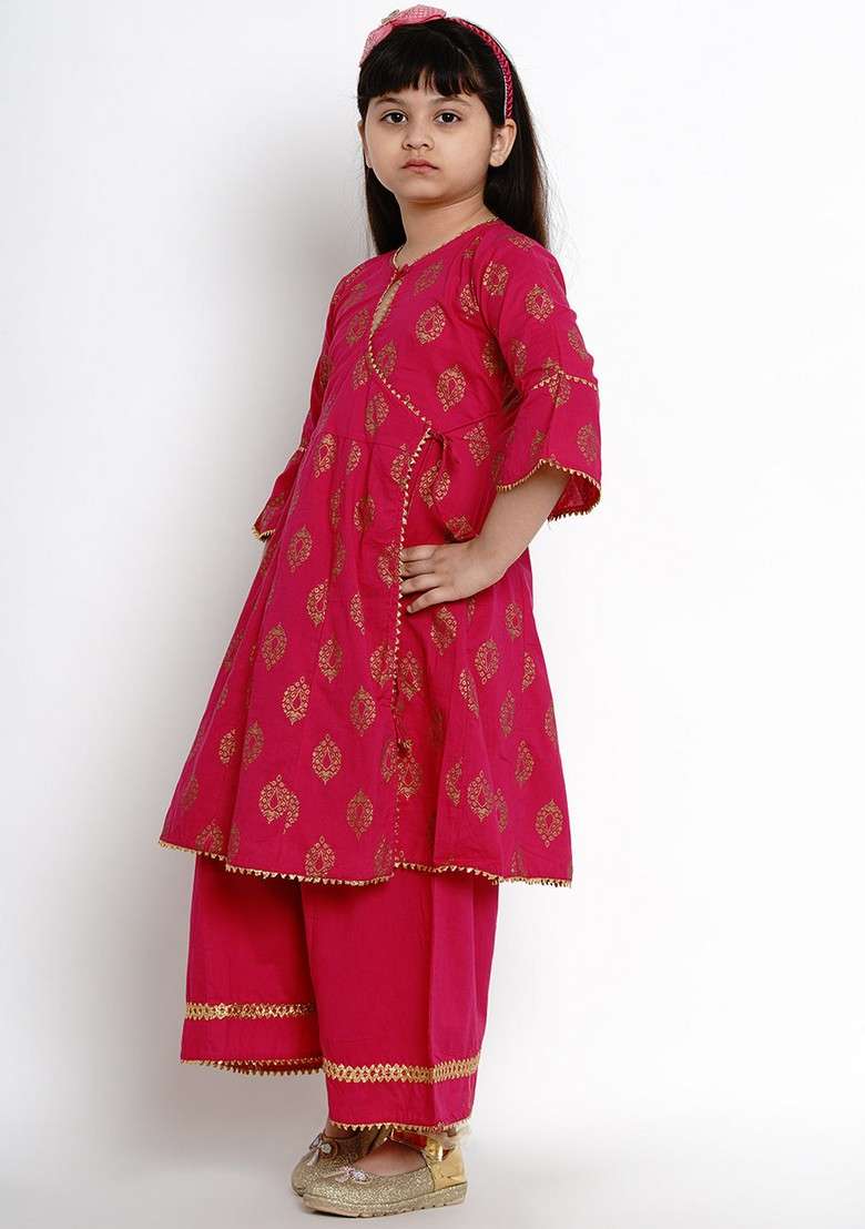 Fuchsia Embroidered Kurta With Palazzo (Set of 2) - Indya