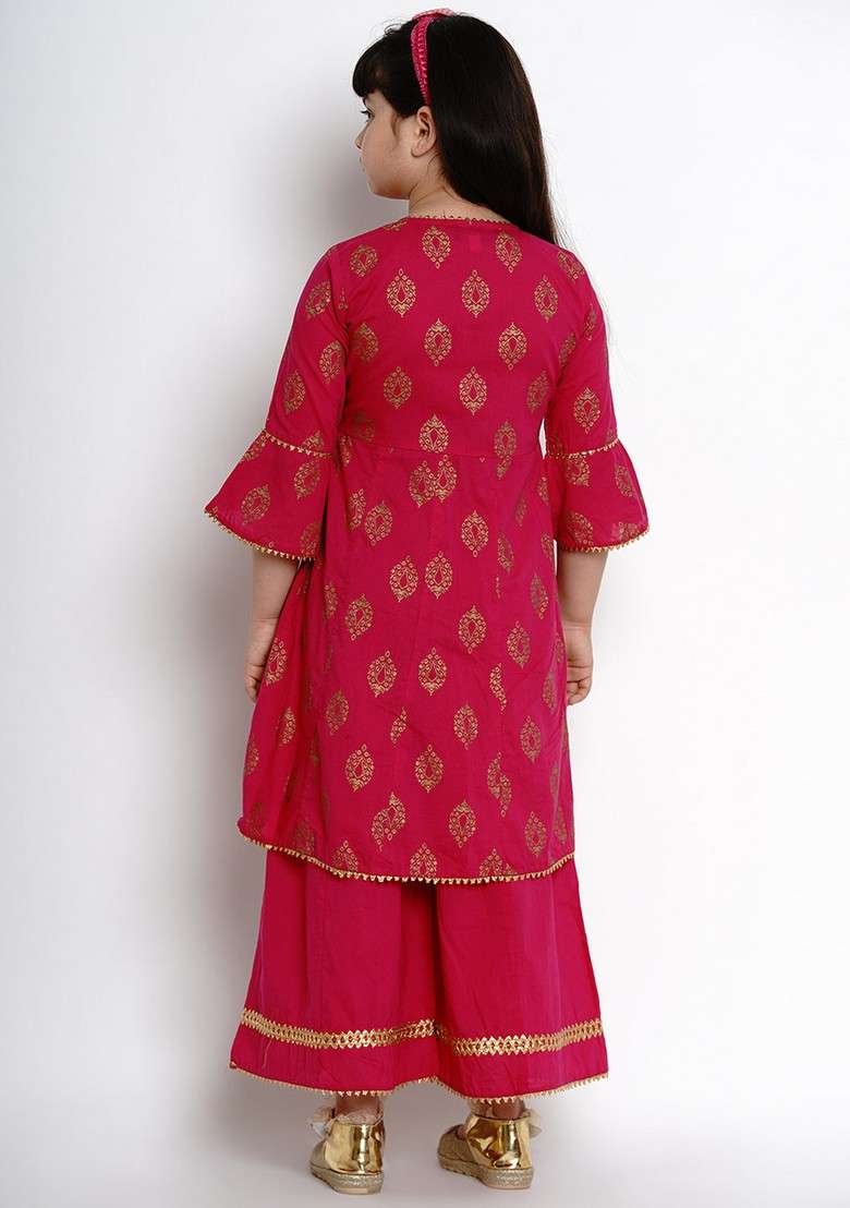Fuchsia Embroidered Kurta With Palazzo (Set of 2) - Indya