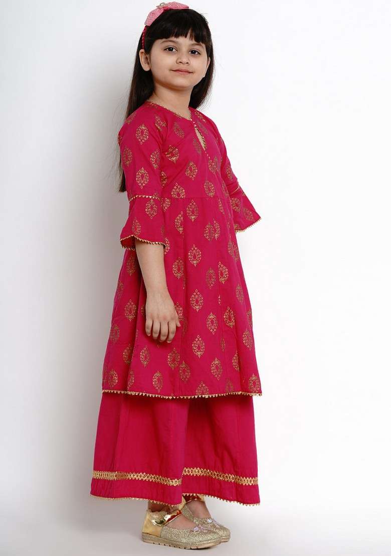 Fuchsia Embroidered Kurta With Palazzo (Set of 2) - Indya