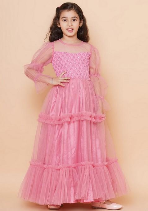 Pink Embroidered Flared Gown Dress