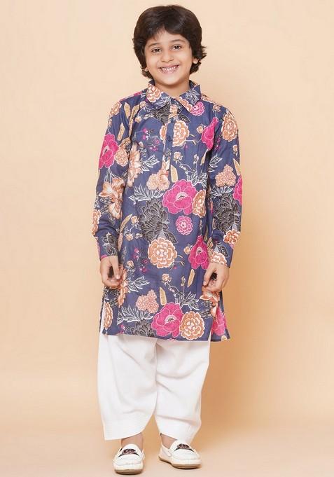 Blue Printed Kurta With Pants (Set of 2)