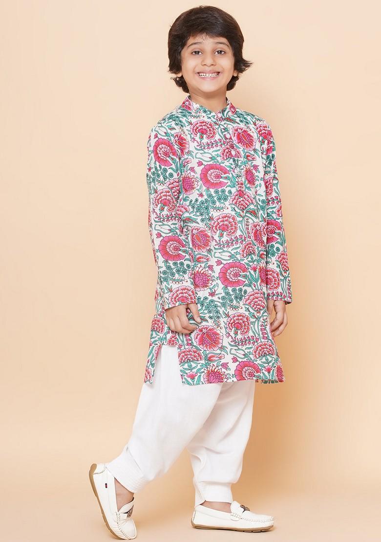 Off White And Pink Printed Kurta With Pants (Set of 2)