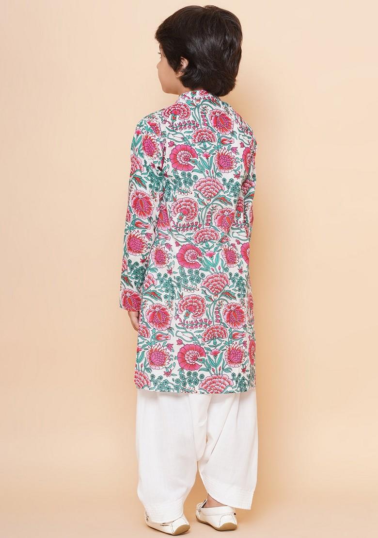 Off White And Pink Printed Kurta With Pants (Set of 2)