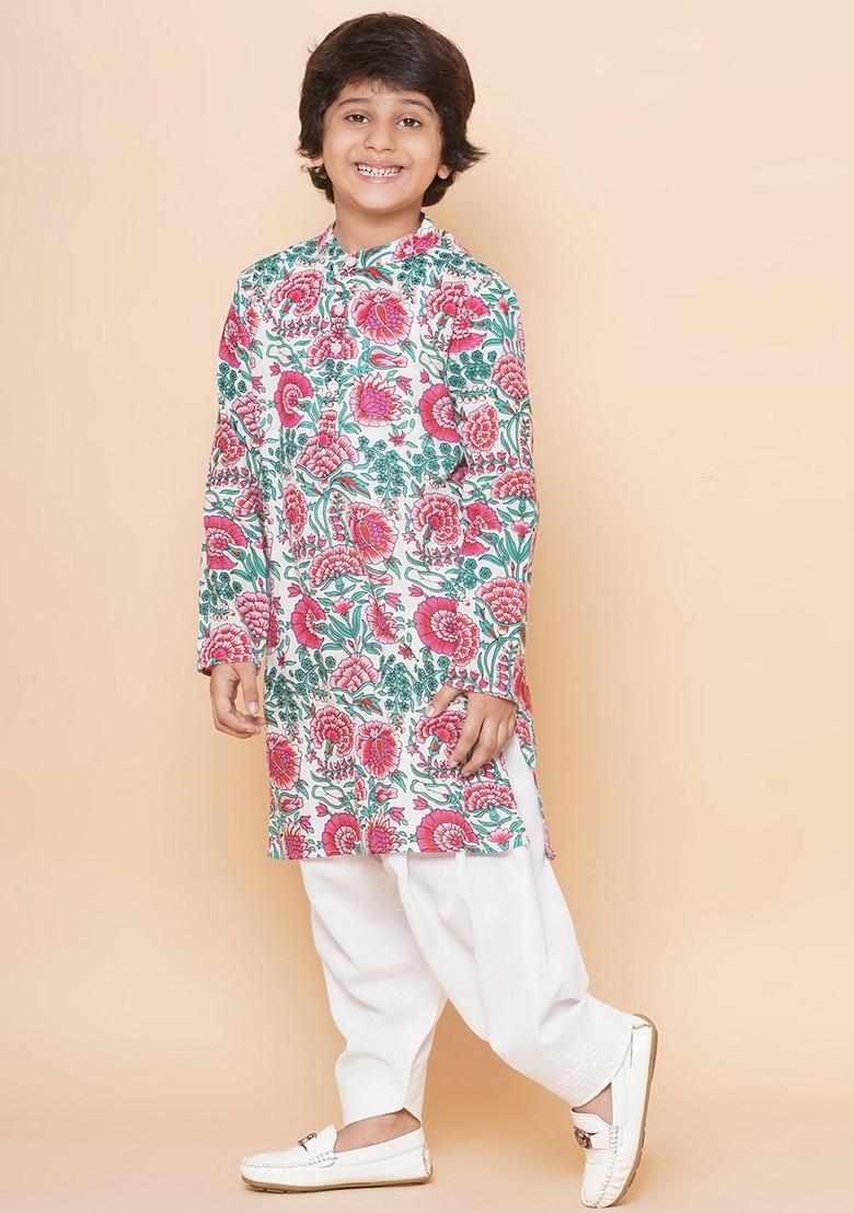 Off White And Pink Printed Kurta With Pants (Set of 2)