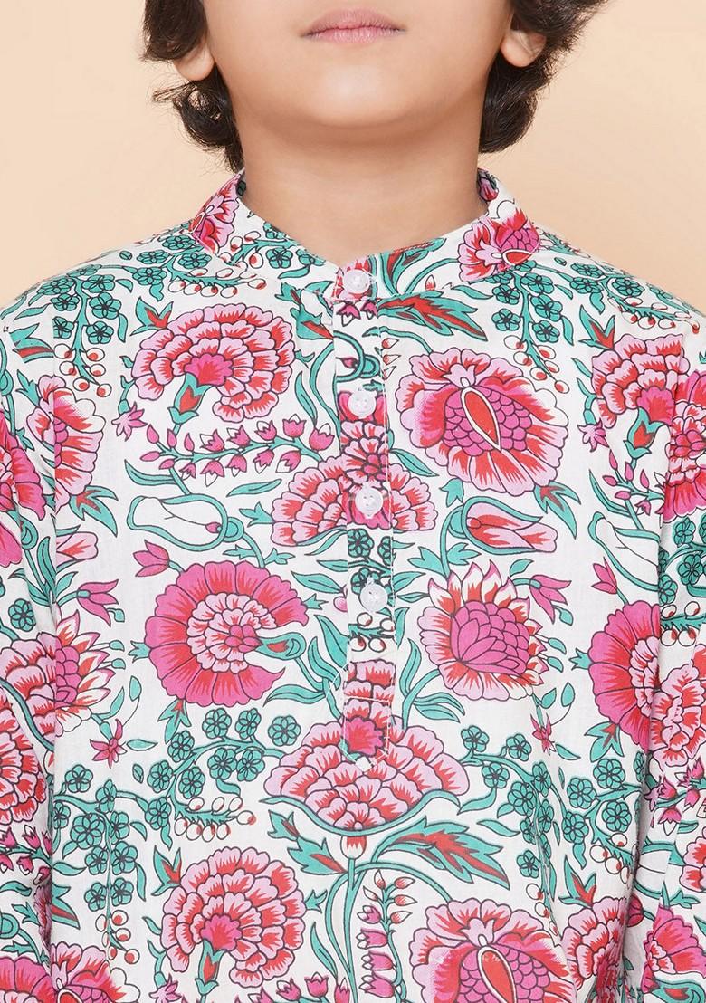 Off White And Pink Printed Kurta With Pants (Set of 2)