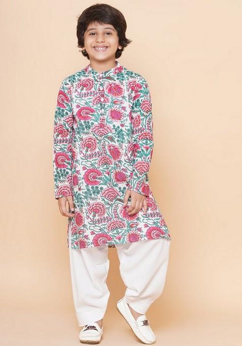 Off White And Pink Printed Kurta With Pants (Set of 2)