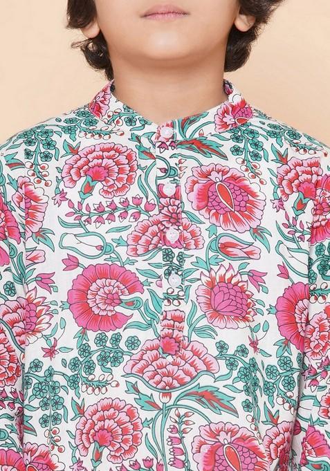 Off White And Pink Printed Kurta With Pants (Set of 2)