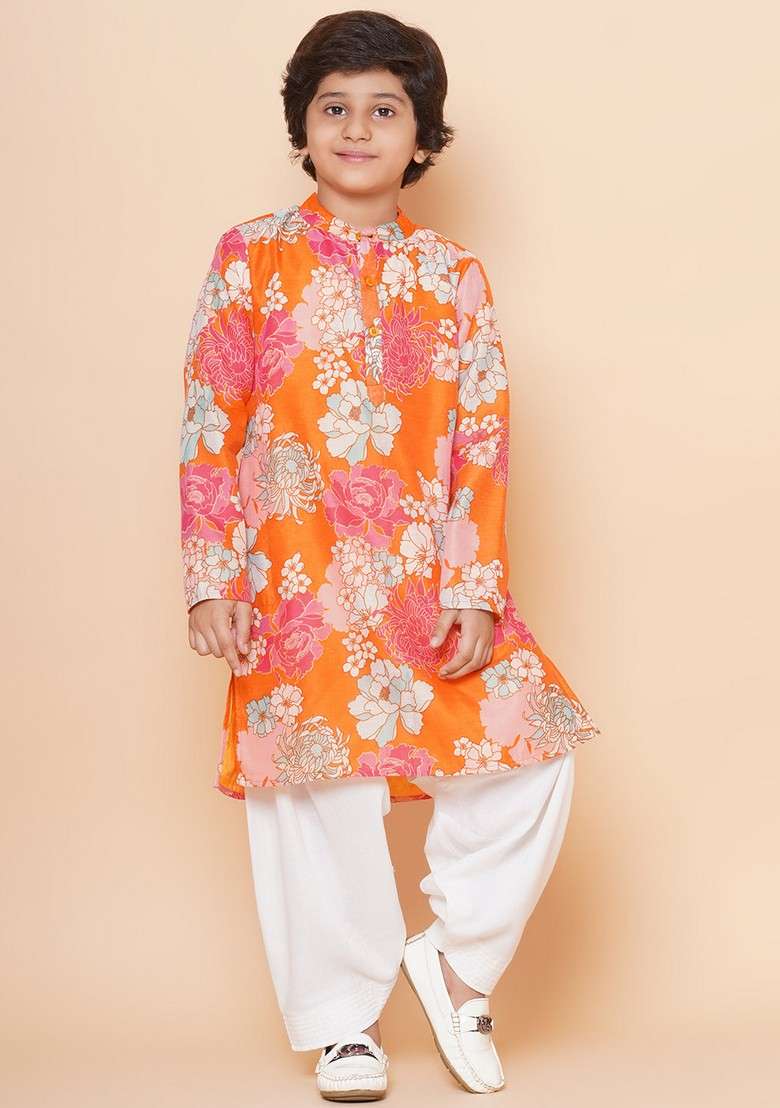 Orange Printed Kurta With Pants (Set of 2) - Indya
