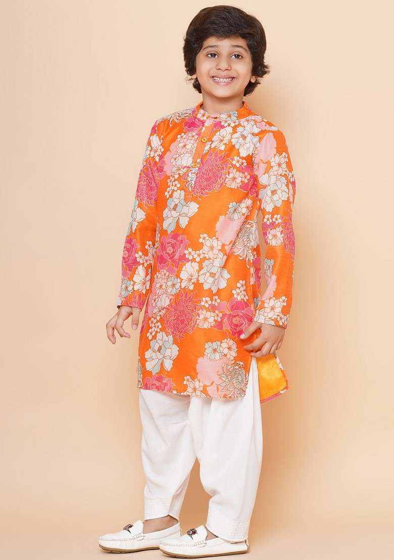 Orange Printed Kurta With Pants (Set of 2) - Indya