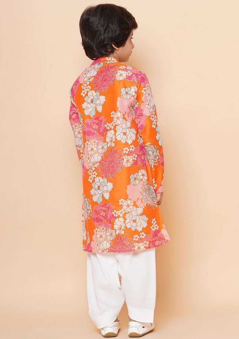 Orange Printed Kurta With Pants (Set of 2) - Indya