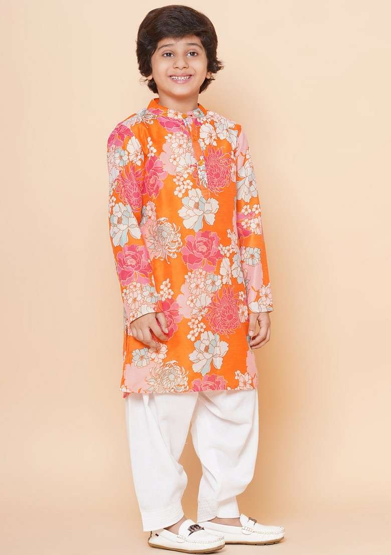 Orange Printed Kurta With Pants (Set of 2) - Indya