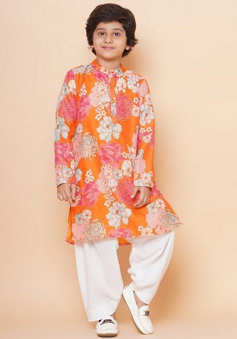 Orange Printed Kurta With Pants (Set of 2)