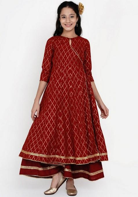 Maroon Foil Print Anarkali Kurta With Palazzo (Set of 2)