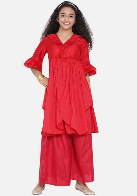 Red Pleated Kurta With Palazzo (Set of 2)