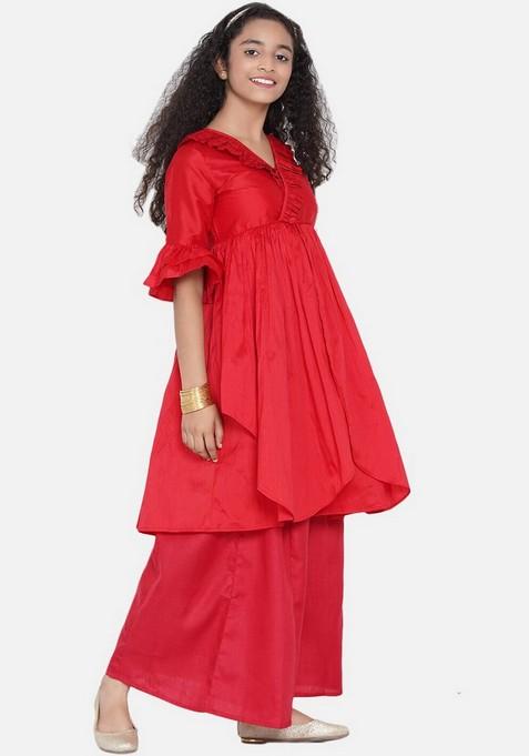 Red Pleated Kurta With Palazzo (Set of 2)