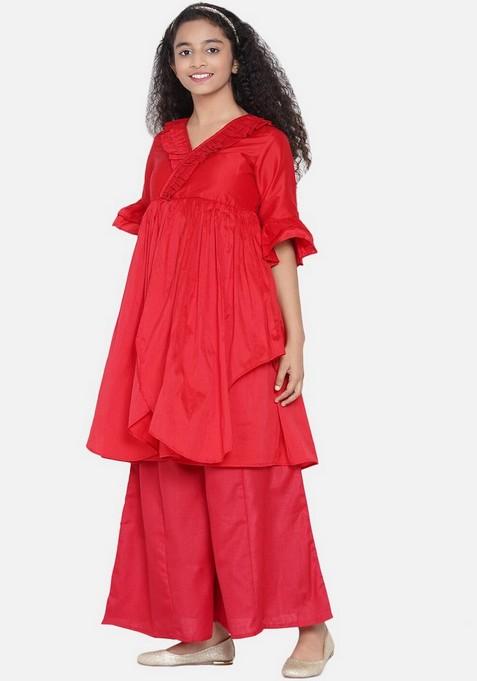 Red Pleated Kurta With Palazzo (Set of 2)