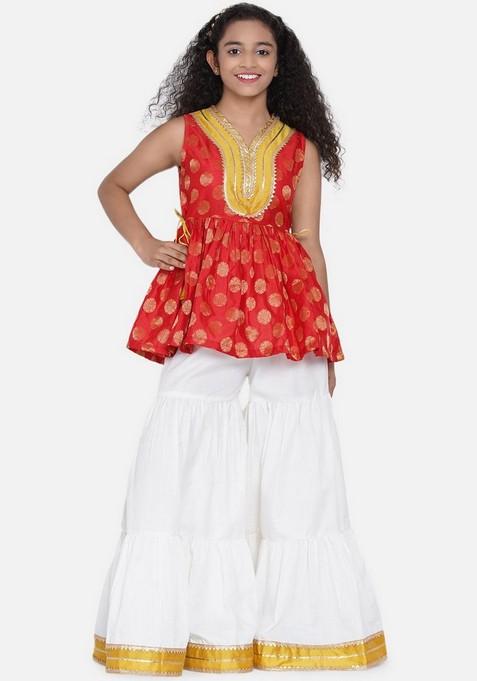 Red Ethnic Motifs Sharara With Kurta (Set of 2)