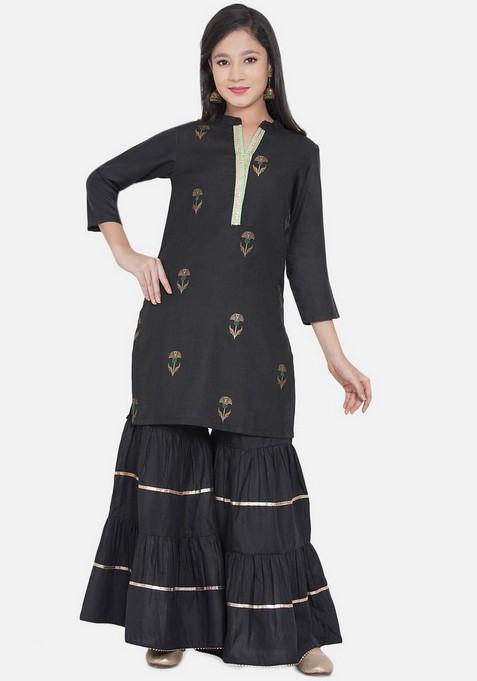 Black Printed Sharara With Kurta (Set of 2)