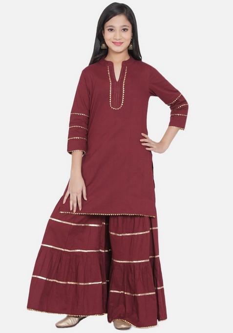 Maroon Sharara With Kurta (Set of 2)