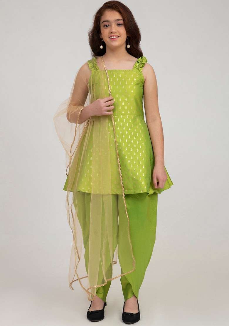 Green Ethnic Motifs Kurta With Dhoti Pants And Dupatta (Set of 3) - Indya