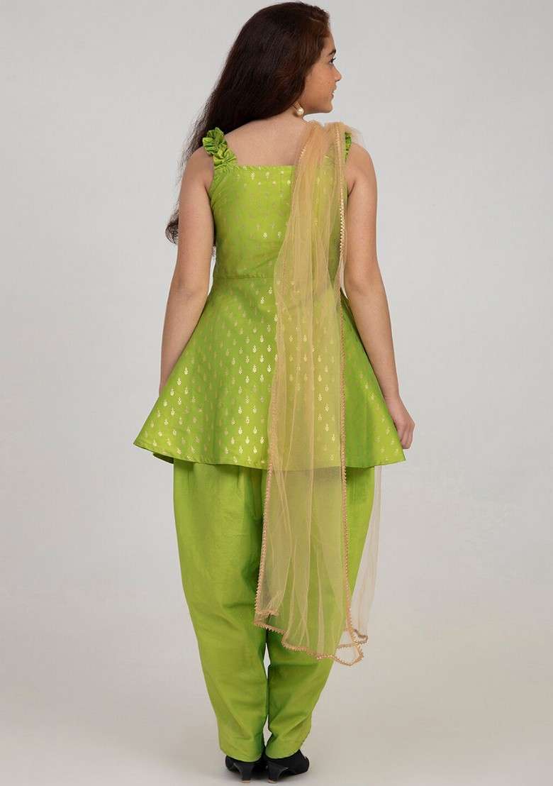 Green Ethnic Motifs Kurta With Dhoti Pants And Dupatta (Set of 3) - Indya