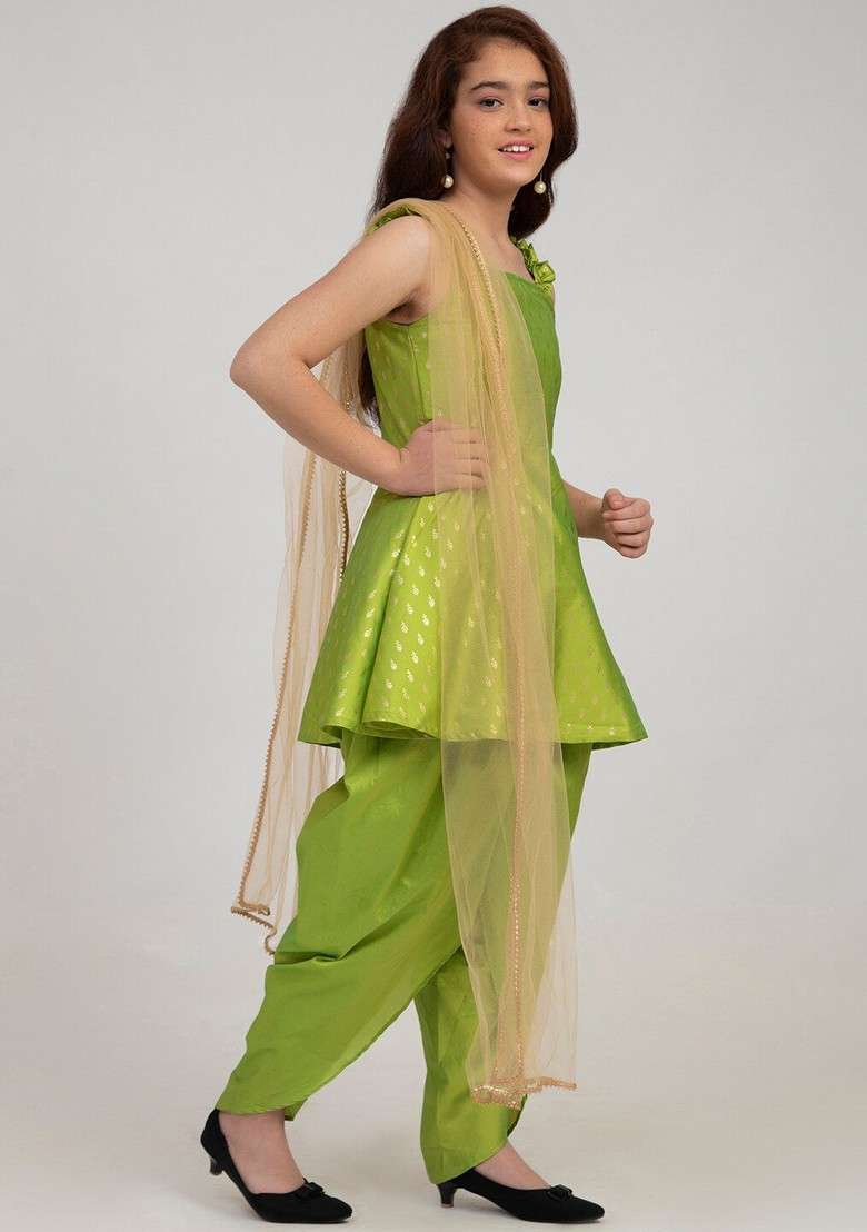 Green Ethnic Motifs Kurta With Dhoti Pants And Dupatta (Set of 3) - Indya