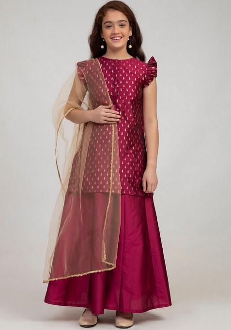 Burgundy Embroidered Sharara With Kurta And Dupatta (Set of 3)