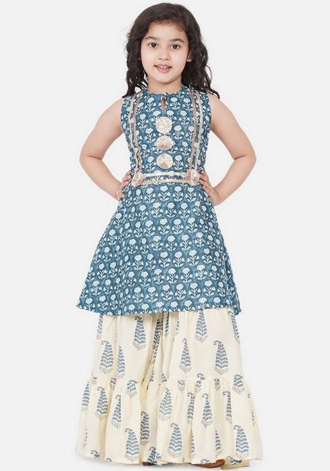 Blue Floral Print Pleated Kurta With Skirt (Set of 2)