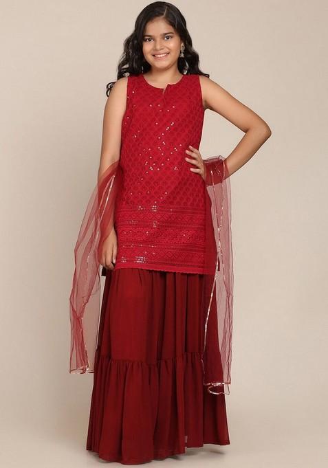 Maroon Floral Embroidered Kurta With Skirt And Dupatta (Set of 3)