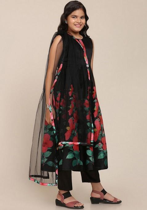 Black Floral Print Kurta With Pants And Dupatta (Set of 3)