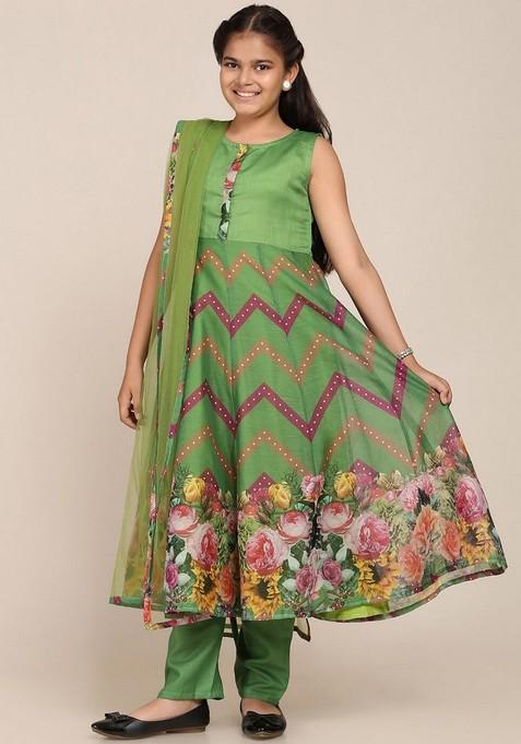 Green Floral Print Kurta With Pants And Dupatta (Set of 3)