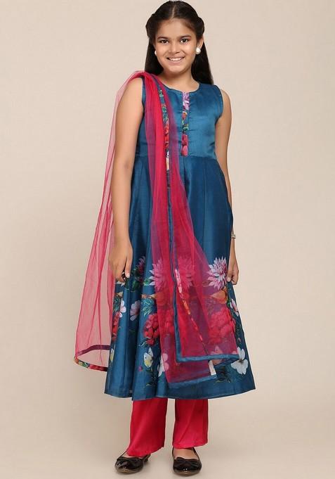 Blue And Fuchsia Floral Print Kurta With Pants And Dupatta (Set of 3)