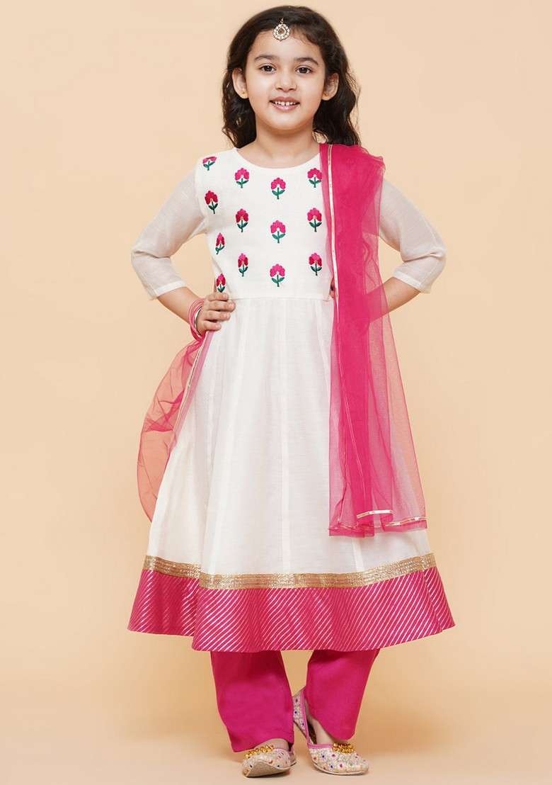 White Embroidered Anarkali Kurta With Pants And Dupatta (Set of 3) - Indya