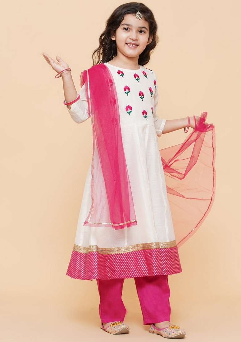 White Embroidered Anarkali Kurta With Pants And Dupatta (Set of 3) - Indya